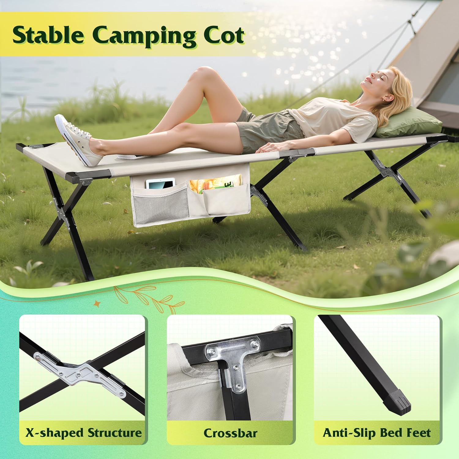 LIFERECORD Camping Cot, Heavy-Duty Folding Cot for Adults, Ultra-Wide Portable Camping Bed, Quick Assembly, 300 lb Capacity, for Tent or Home