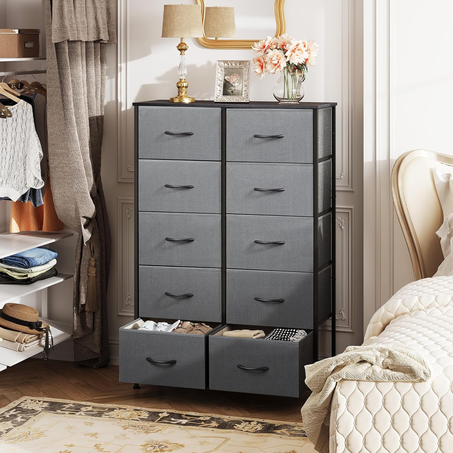 ACCVER 10-Drawer Fabric Dresser with Wood Top & Metal Frame, Closet and Chest for Bedroom, Clothes Storage Organizer, for Living Room, Apartment,Grey