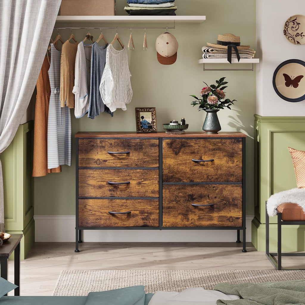 LIFERECORD 5 Drawer Fabric Dresser for Bedroom and Living Room, Chest of Drawer Organizer Storage Cabinet for Closet, Entryway, Brown