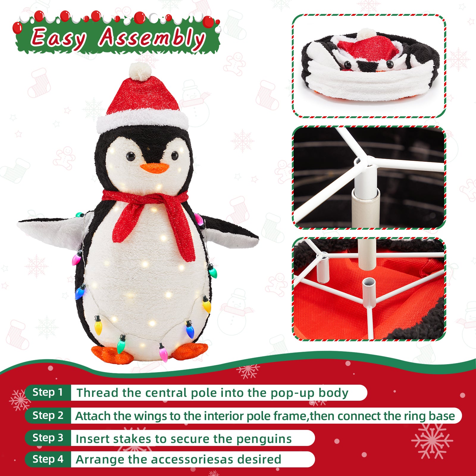 LIFERECORD 2PC Lighted Penguin Family, 3ft Pop-Up Outdoor Christmas Holiday Decoration w/ 150 LED Lights, Multicolored Lights - Red
