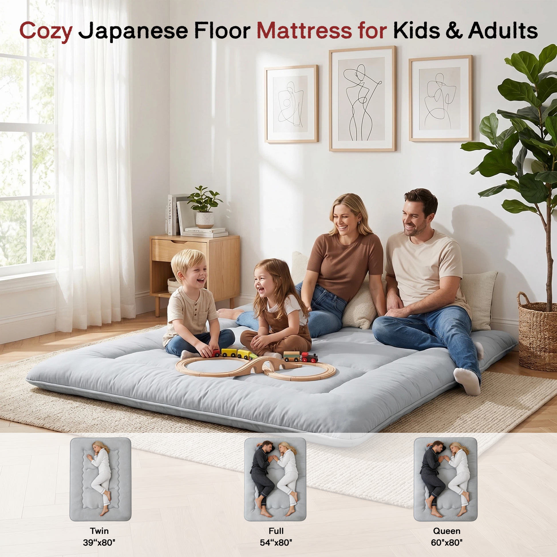 LIFERECORD Japanese Floor Mattress Full Size, Foldable Futon Mattress with Removable Washable Cover, Portable Roll Up Tatami Mat for Kids Room Dorm Sleepovers Solo Sleeper