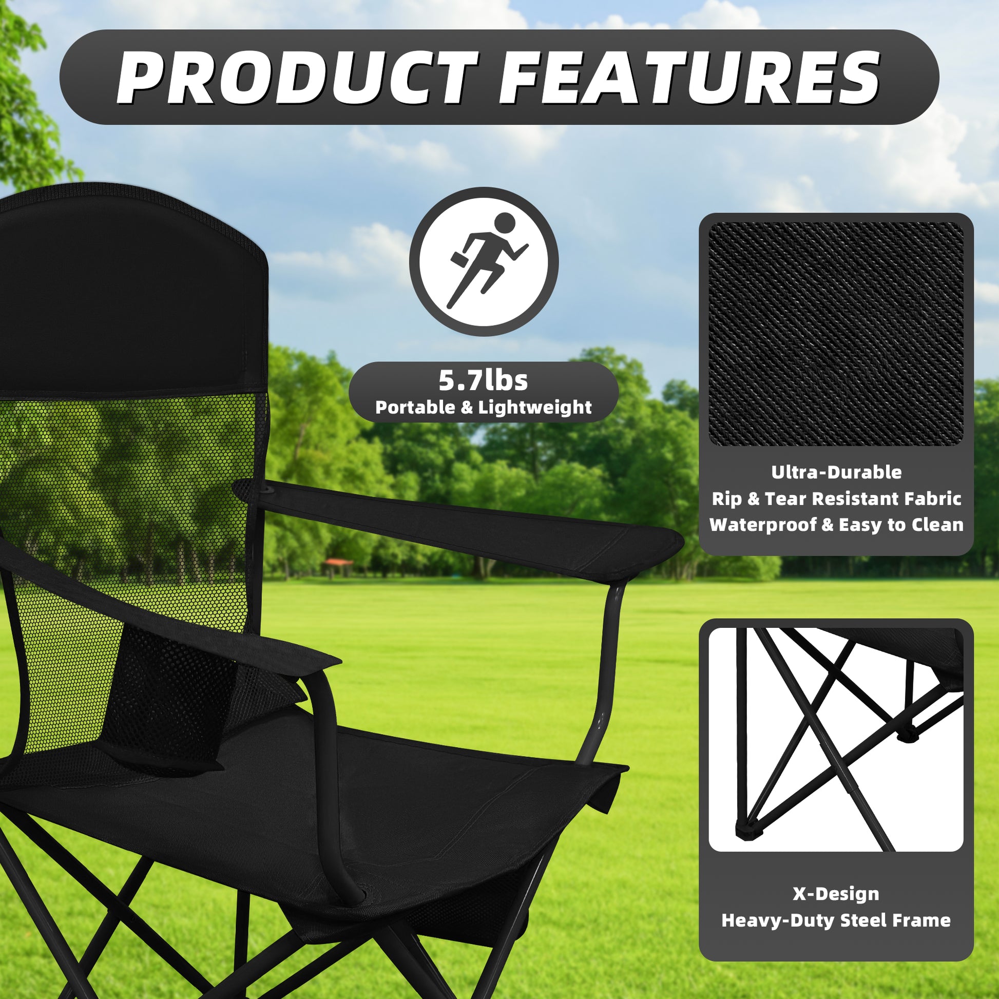 LIFERECORD Portable Camping Chair with Cup Holder & Side Pocket, Lightweight Folding Outdoor Chair for Beach, Fishing, Picnic, Heavy Duty 300LBS Capacity, Black