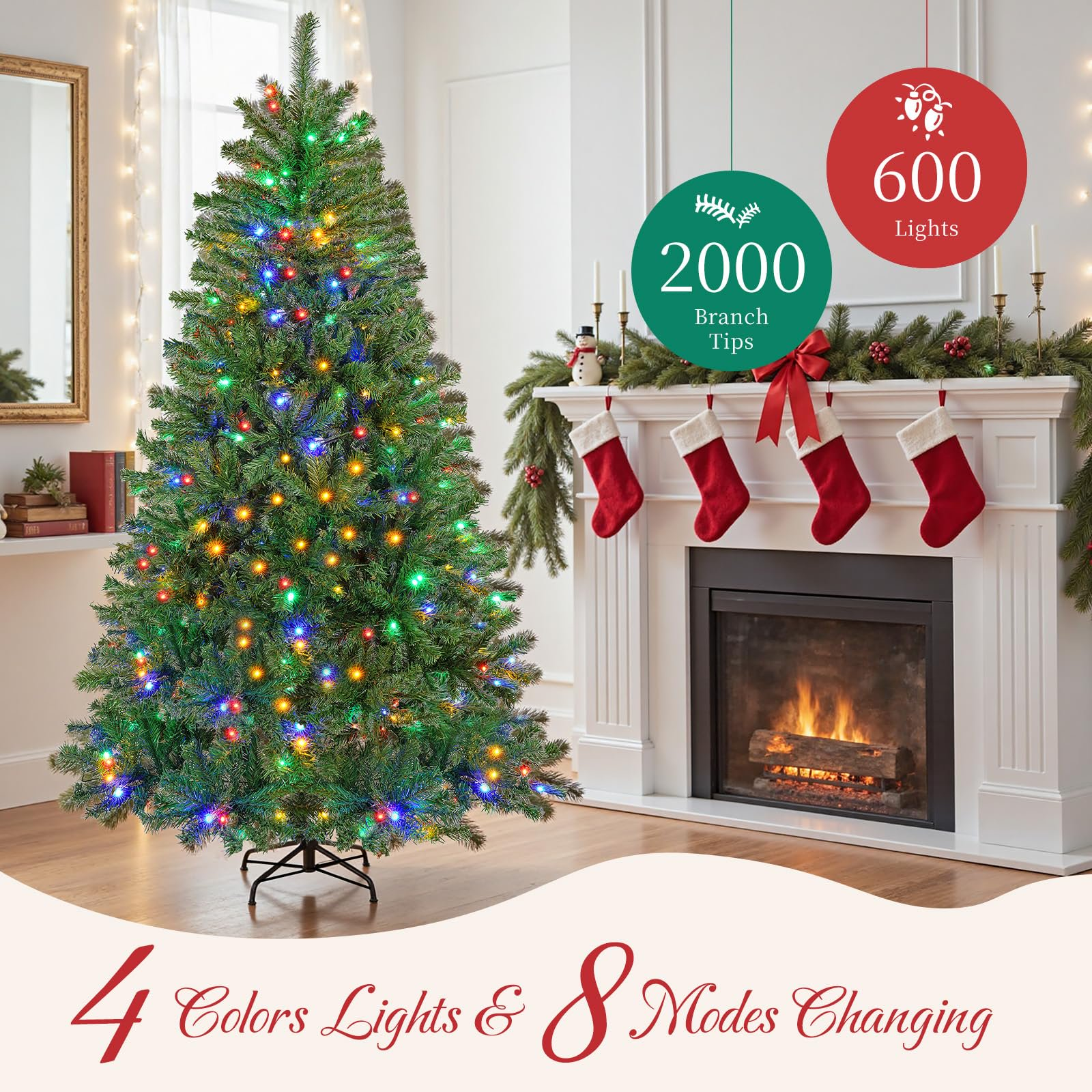 LIFERECORD 9ft Pre-lit Artificial Christmas Tree with 600 Color Changing LED Lights, 8 Modes Full Green PVC Xmas Tree with 2000 Branch Tips & Metal Stand for Party Decoration