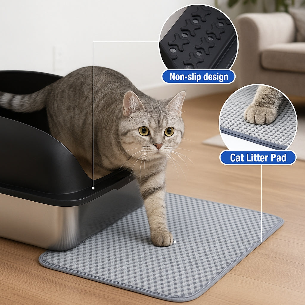 LIFERECORD Stainless Steel Cat Litter Box, Large Metal Cat Litter Box, Scoop and Mat Included, Easy to Clean and Odor Resistant for Multiple Cats, Black