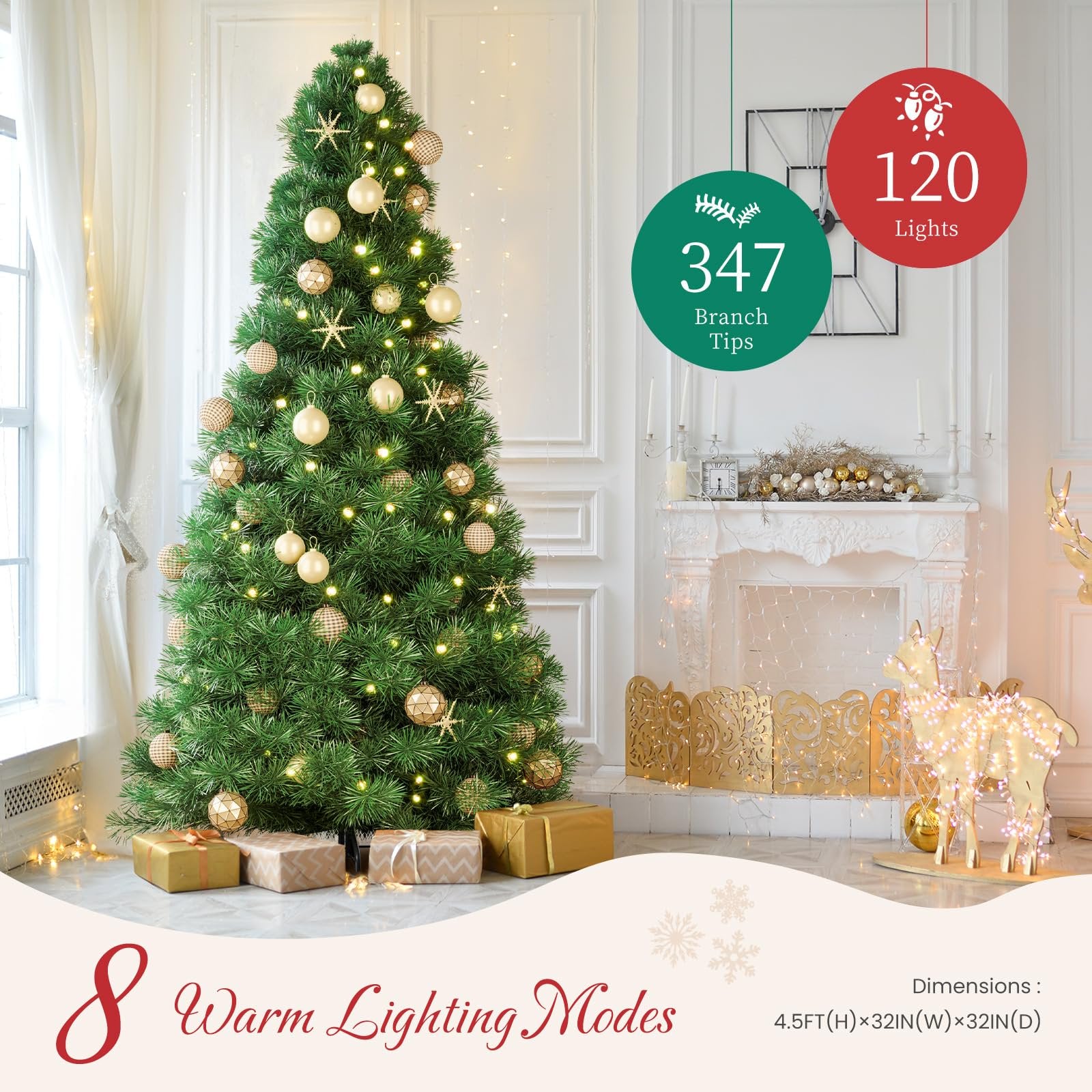 LIFERECORD 4.5ft Pre-lit Artificial Christmas Tree with 120 Color Changing LED Lights, 8 Modes Full Green PVC Xmas Tree with 347 Branch Tips & Metal Stand for Party Decoration