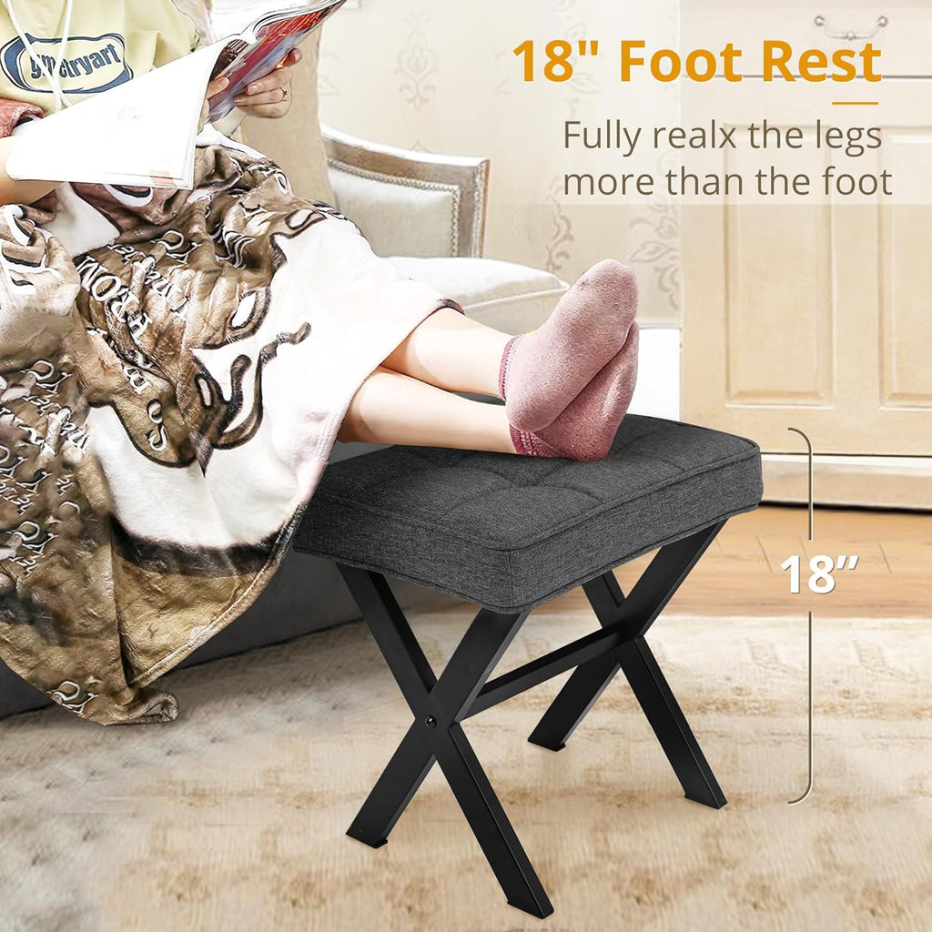 LIFERECORD Square Linen Makeup Stool with X-Leg Base - Modern Padded Vanity Stool & Foot Rest for Bedroom and Bathroom, Gray