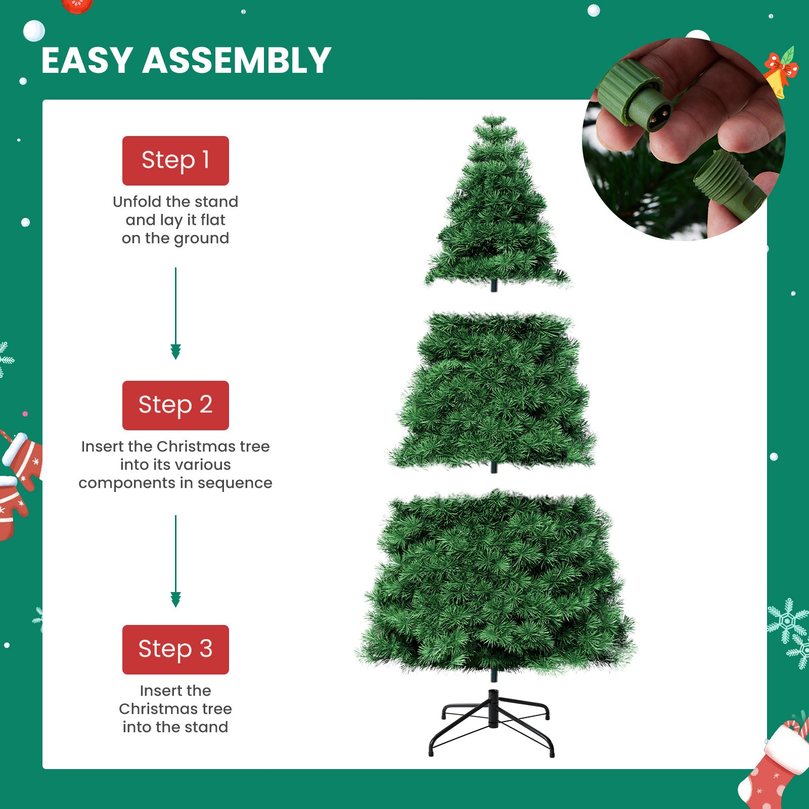 ACCVER 9ft Pre-lit Artificial Spruce Christmas Tree - 347 Dense PVC Branch Tips, 120 Warm Incandescent Lights with 8 Modes, Green