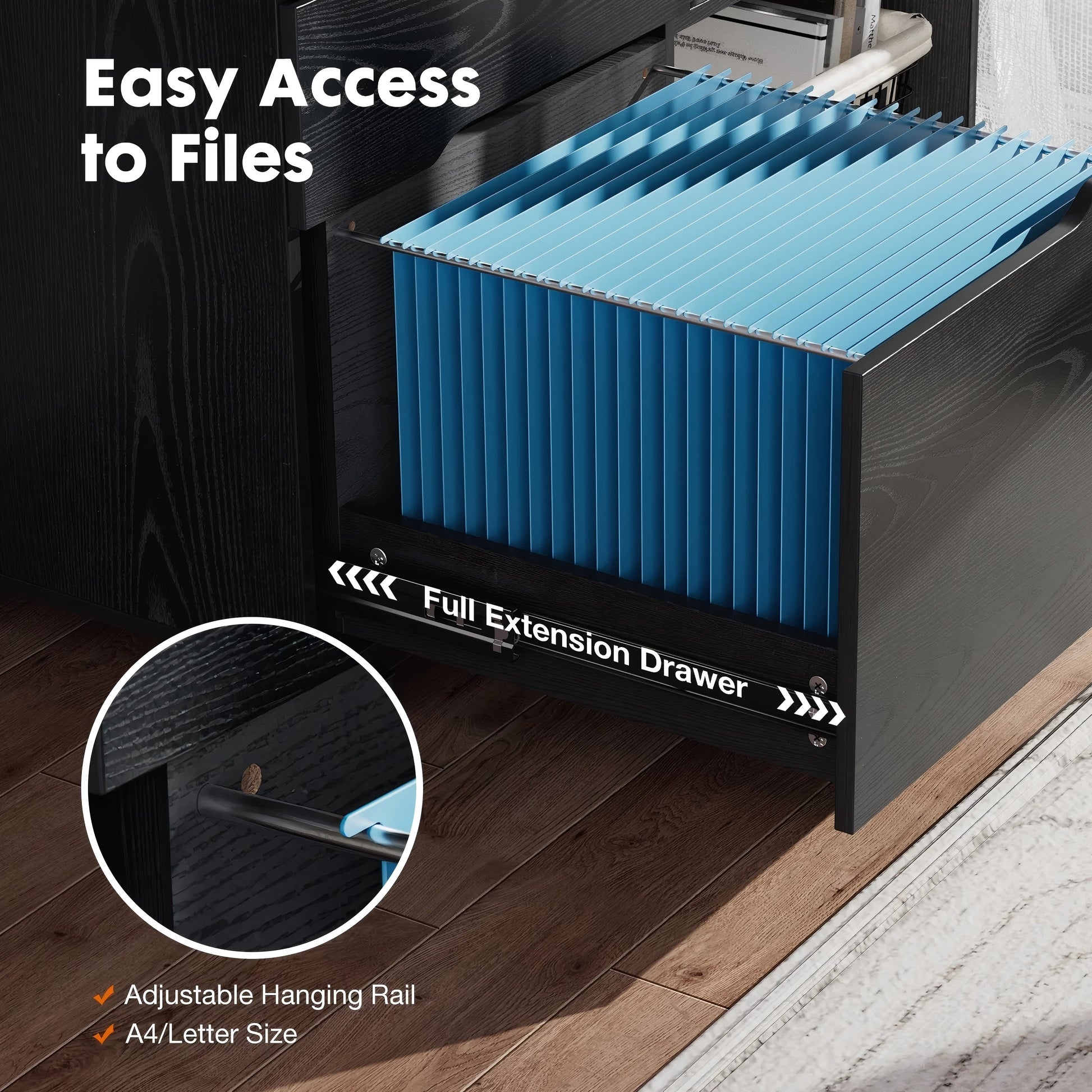 LIFERECORD 3-Drawer Lateral File Cabinet with Wheels, Mobile Rolling File Cabinet with Adjustable Shelf, Printer Stand for Home Office, Under Desk Storage Organizer, Wood Filing Cabinet Black