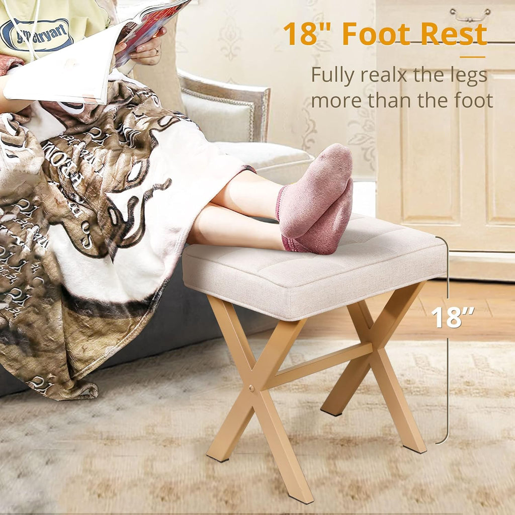 LIFERECORD Square Linen Makeup Stool with X-Leg Base - Modern Padded Vanity Stool & Foot Rest for Bedroom and Bathroom, Beige