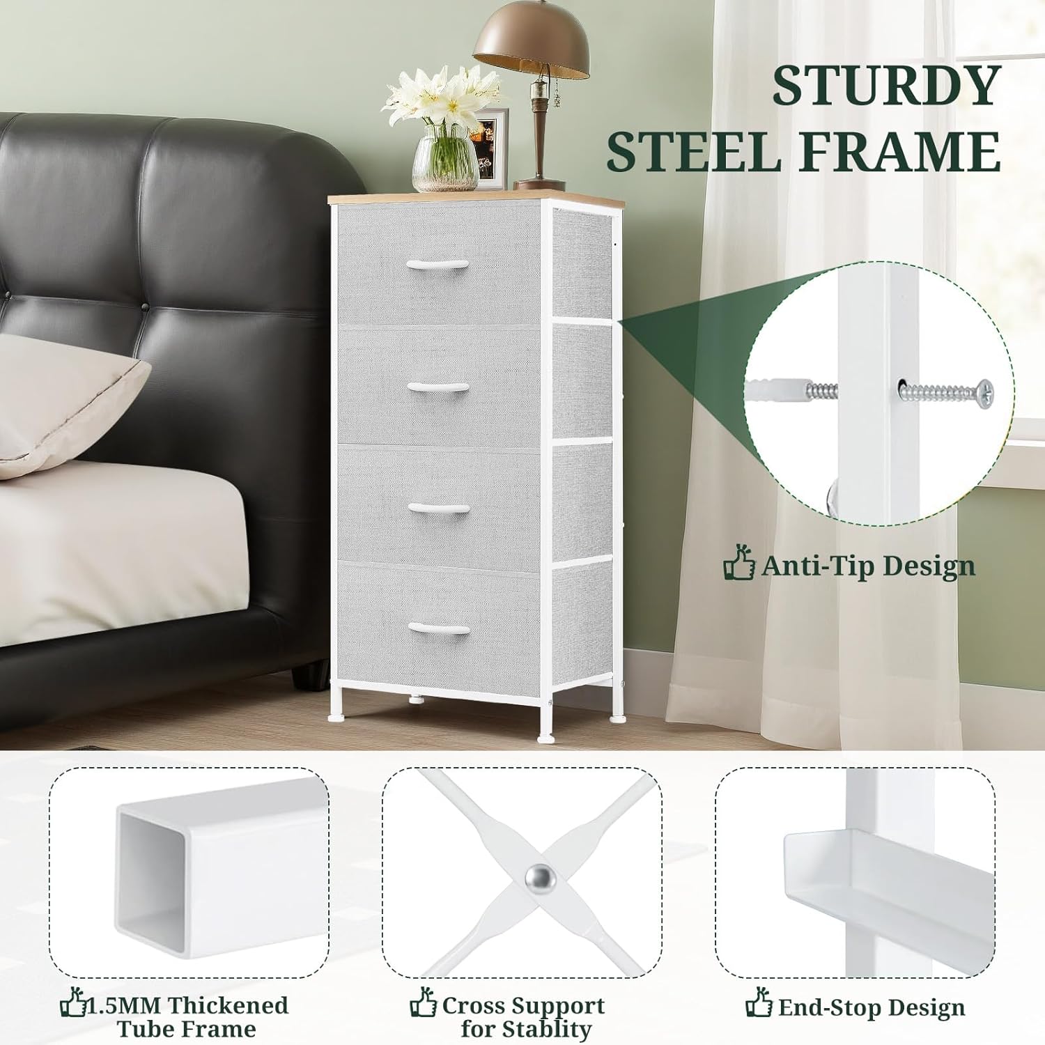 ACCVER Dresser for Bedroom 4 Storage drawer, Fabric Closet Chests Organizer Tower with Wooden Top Metal Frame for Living Room Hallway Entryway, Light Gray
