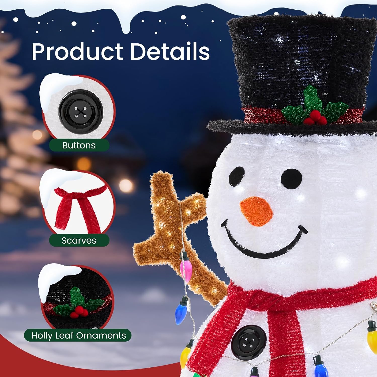 LIFERECORD 5ft Lighted Pop-Up Snowman, Large White Outdoor Christmas Holiday Decoration with 200 LED Lights, Hat, Scarf, Multicolored Lights,White/Red