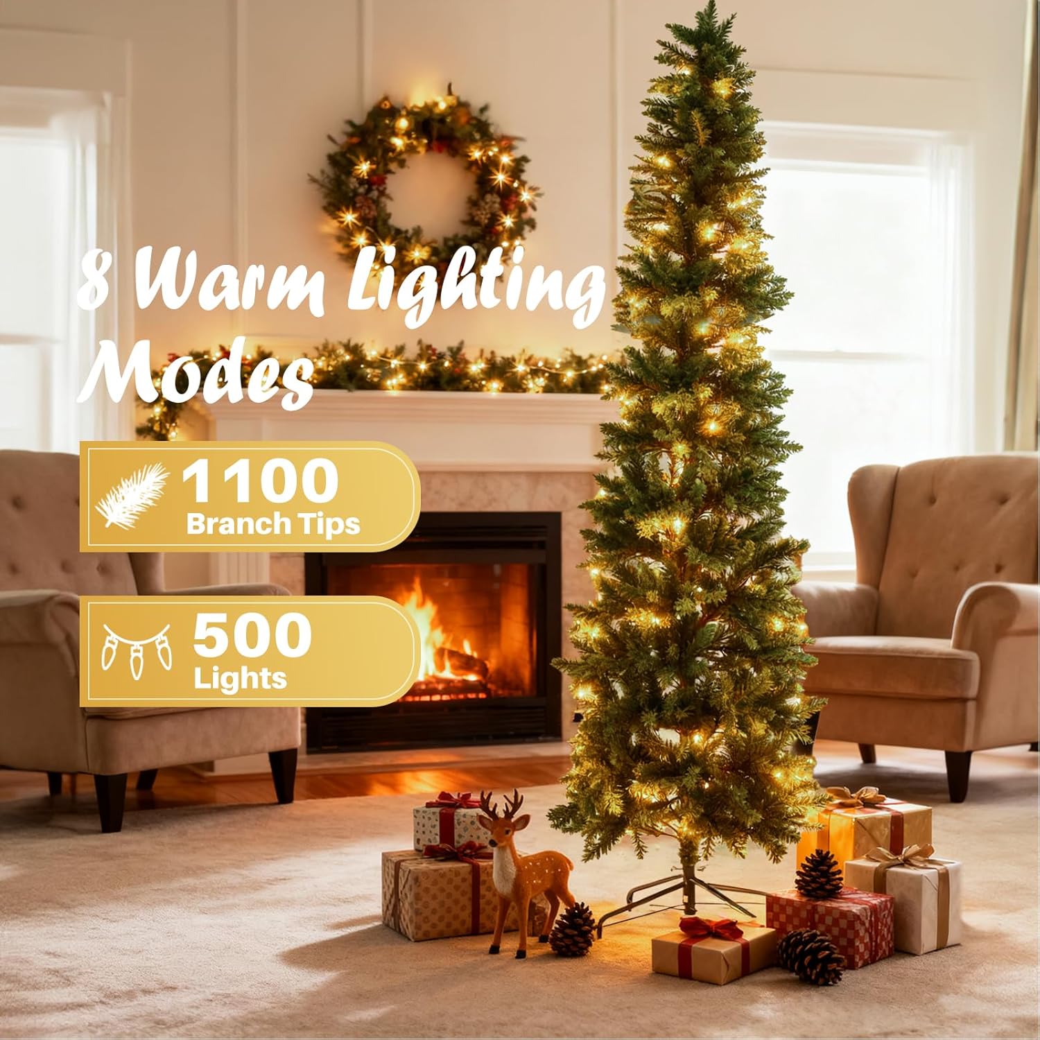 LIFERECORD 9ft Prelit Artificial Hinged Slim Pencil Christmas Tree with 500 Lights, 1100 Full Branch Tips, 8 Warm Lingting Motes Perfect Decoration for Xmas Holiday, Green