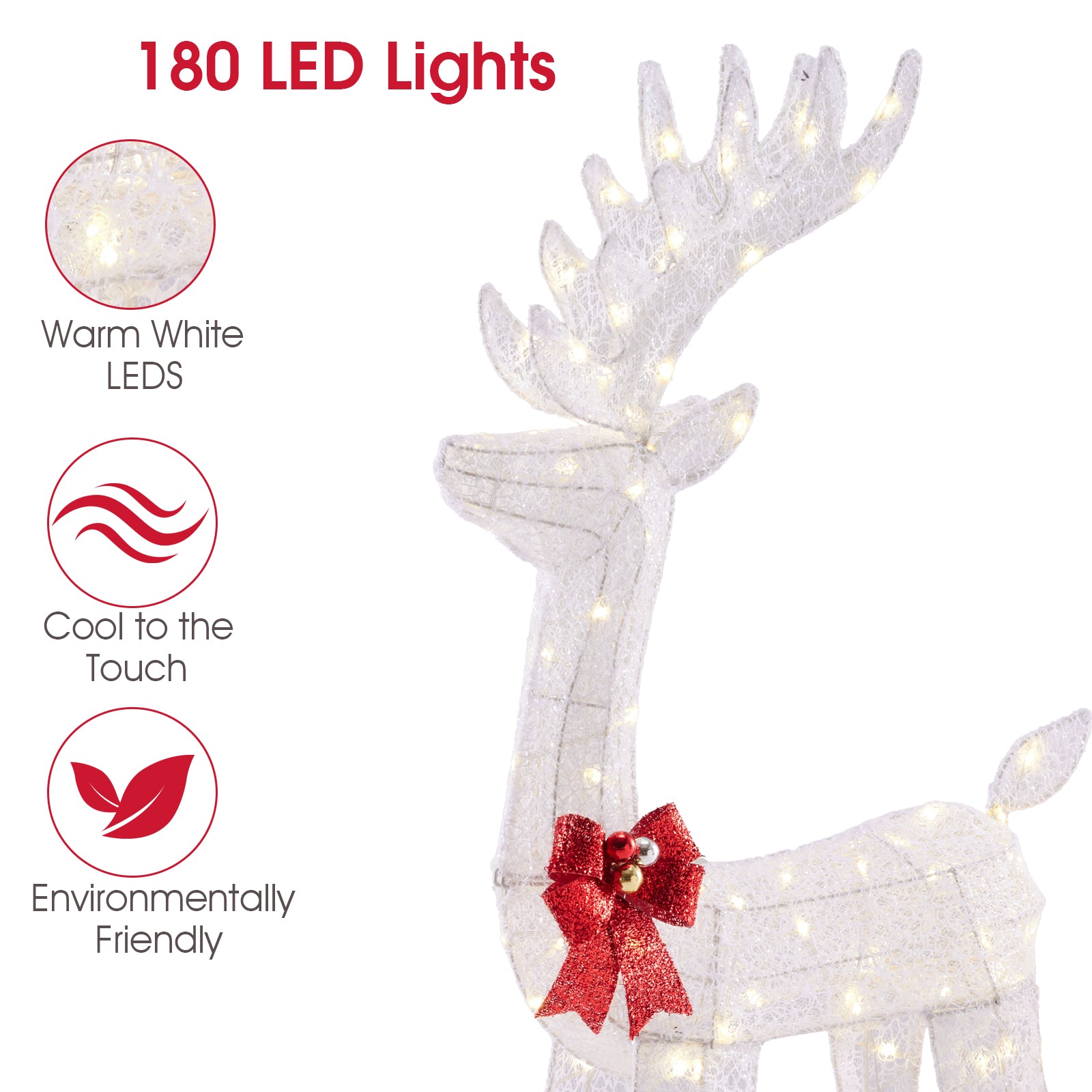 LIFERECORD 4 FT Christmas Lighted Reindeer & Santa's Sleigh, Indoor/Outdoor Xmas Pre-Lit Yard Decoration with 180 LED Lights, Stakes & Zip Ties, Festive Holiday Decoration for Lawn & Garden, White