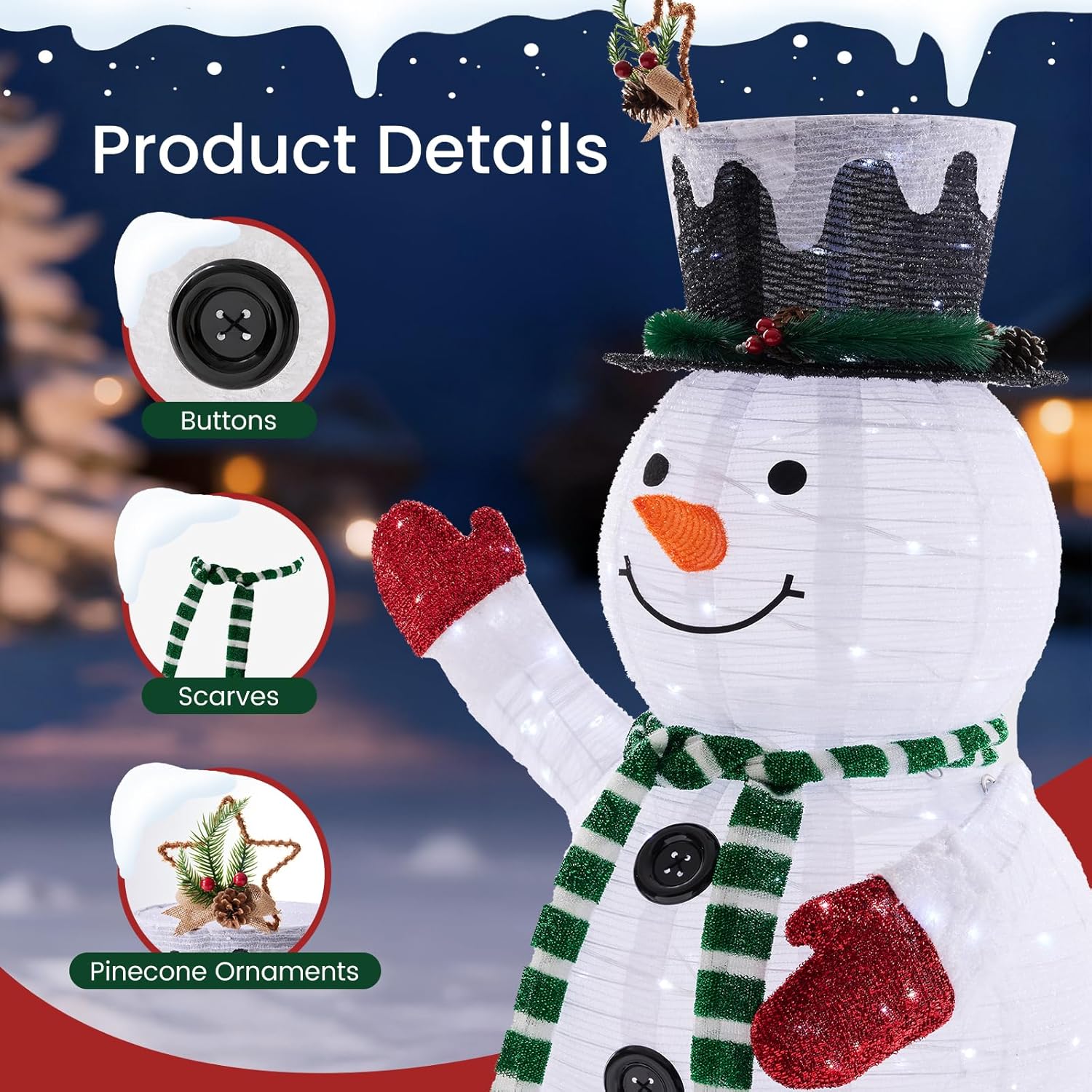 LIFERECORD 5ft Lighted Pop-Up Snowman, Large White Outdoor Christmas Holiday Decoration with 200 LED Lights, Hat, Scarf, Multicolored Lights,White/Green