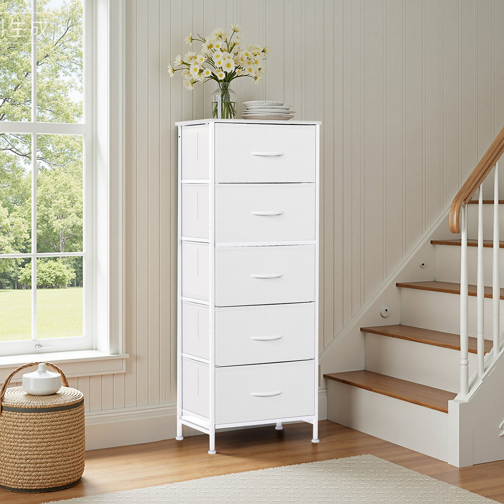 ACCVER Dresser for Bedroom 5 Storage drawer, Fabric Closet Chests Organizer Tower with Wooden Top Metal Frame for Living Room Hallway Entryway, White