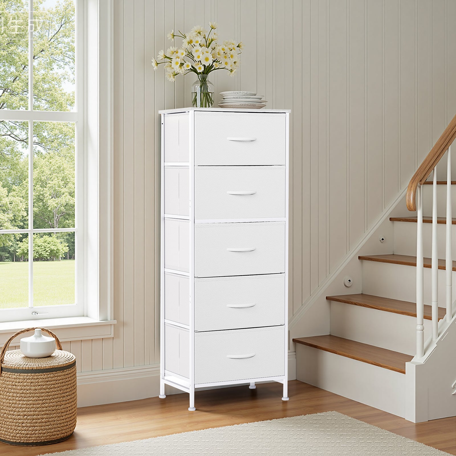 ACCVER Dresser for Bedroom 5 Storage drawer, Fabric Closet Chests Organizer Tower with Wooden Top Metal Frame for Living Room Hallway Entryway, White