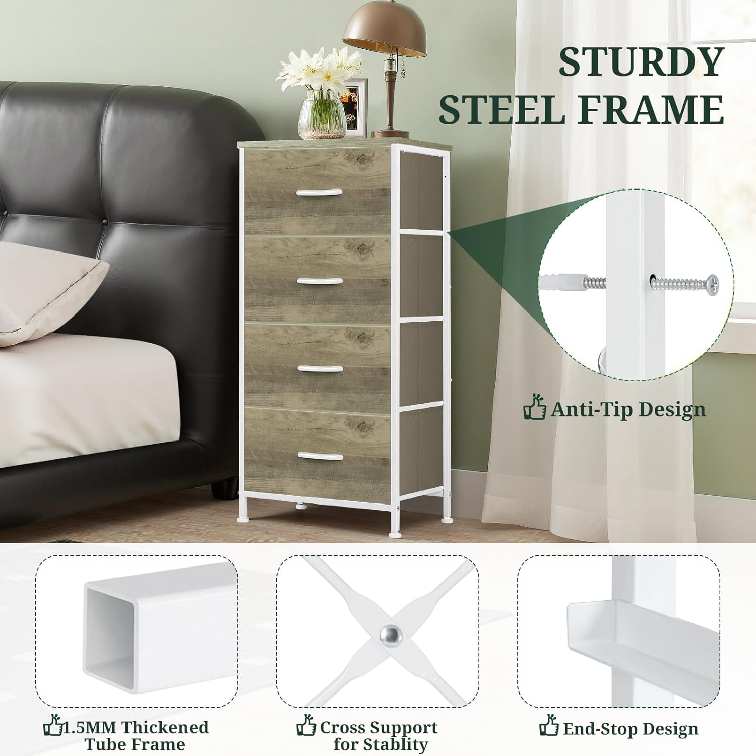 ACCVER Dresser for Bedroom 4 Storage drawer, Fabric Closet Chests Organizer Tower with Wooden Top Metal Frame for Living Room Hallway Entryway, Oak