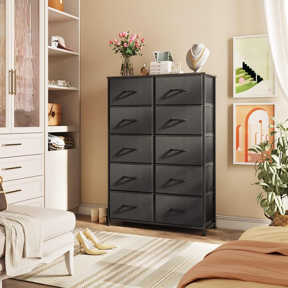 ACCVER 10-Drawer Fabric Dresser with Wood Top & Metal Frame, Closet and Chest for Bedroom, Clothes Storage Organizer, for Living Room, Apartment,Black