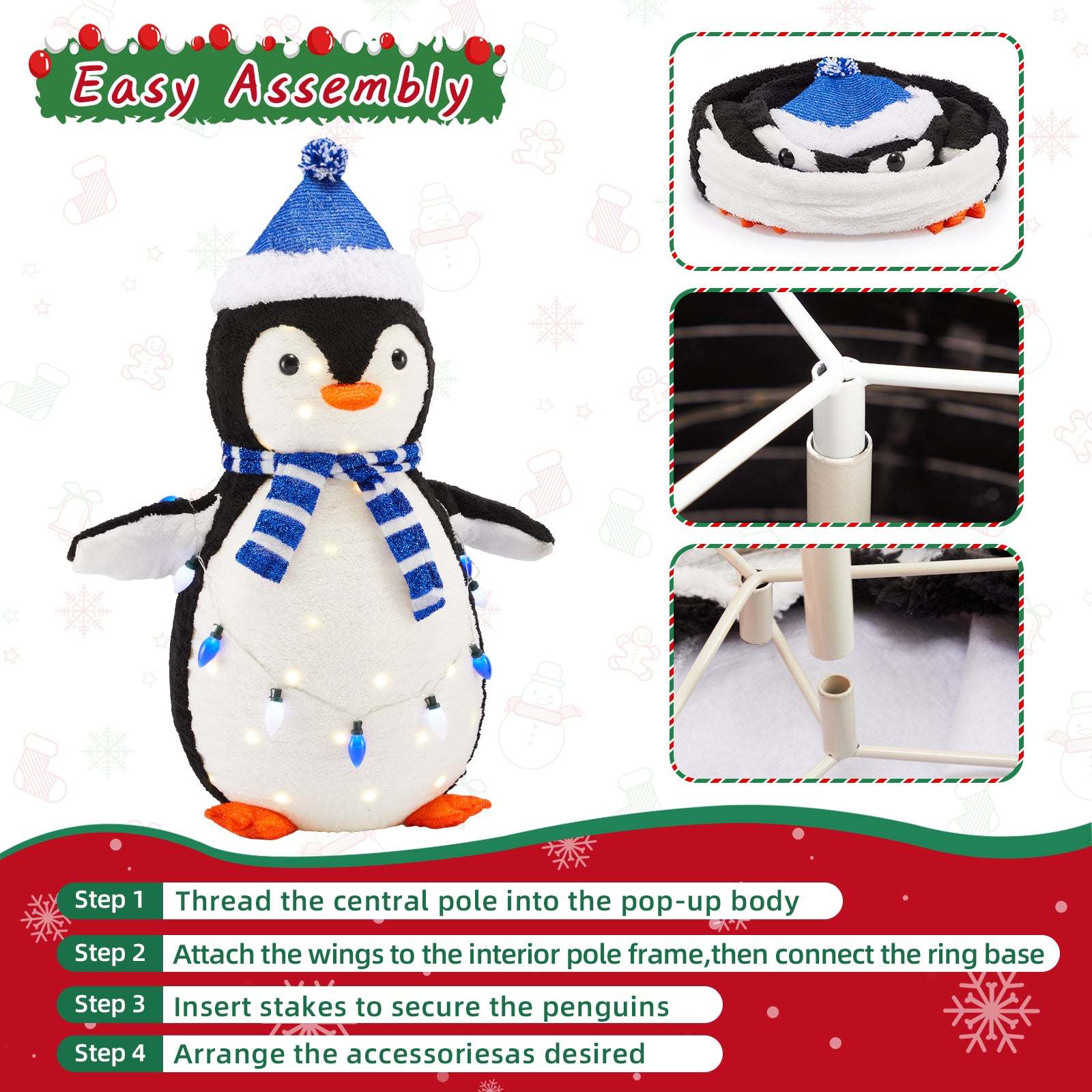 LIFERECORD 2PC Lighted Penguin Family, 3ft Pop-Up Outdoor Christmas Holiday Decoration w/ 150 LED Lights, Multicolored Lights - Blue