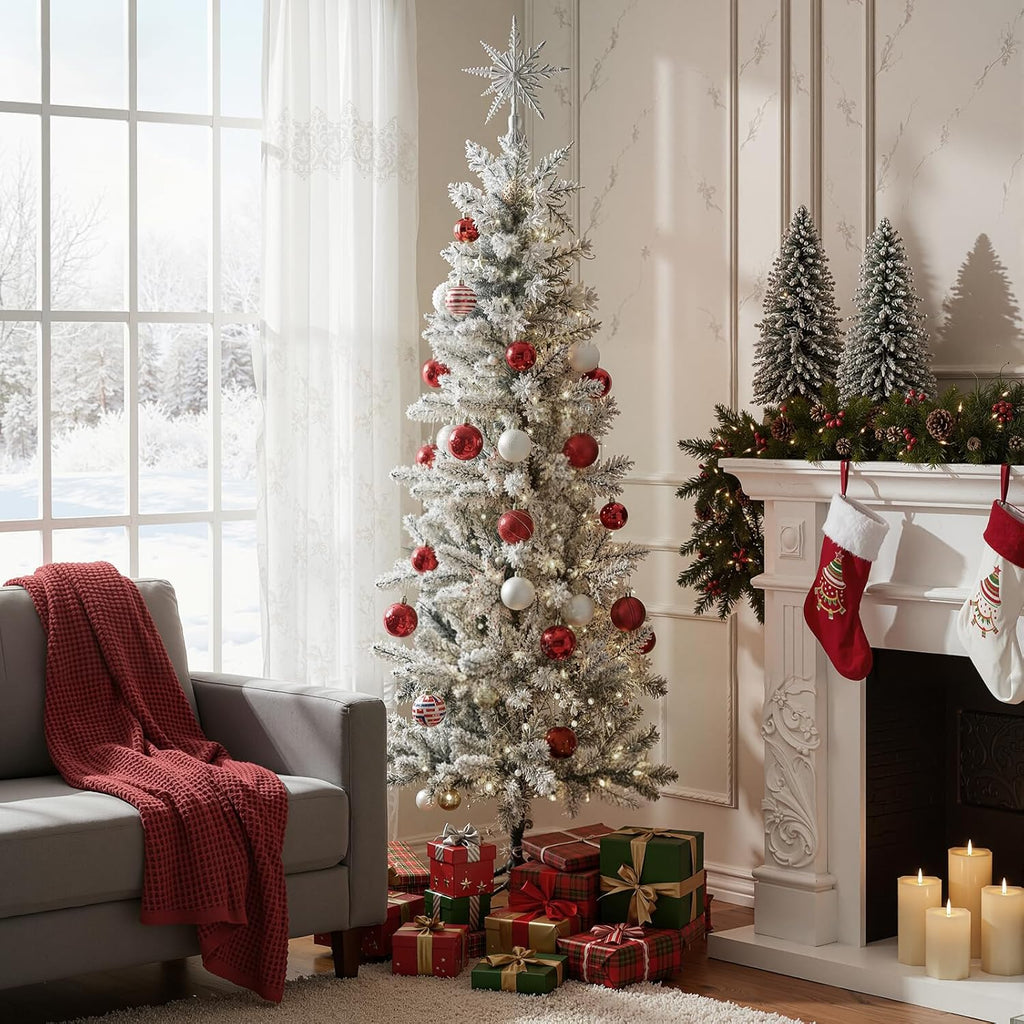 LIFERECORD 4.5ft Prelit Artificial Hinged Slim Pencil Christmas Tree with 120 Lights, 280 Full Branch Tips, 8 Warm Lingting Motes Perfect Decoration for Xmas Holiday, White