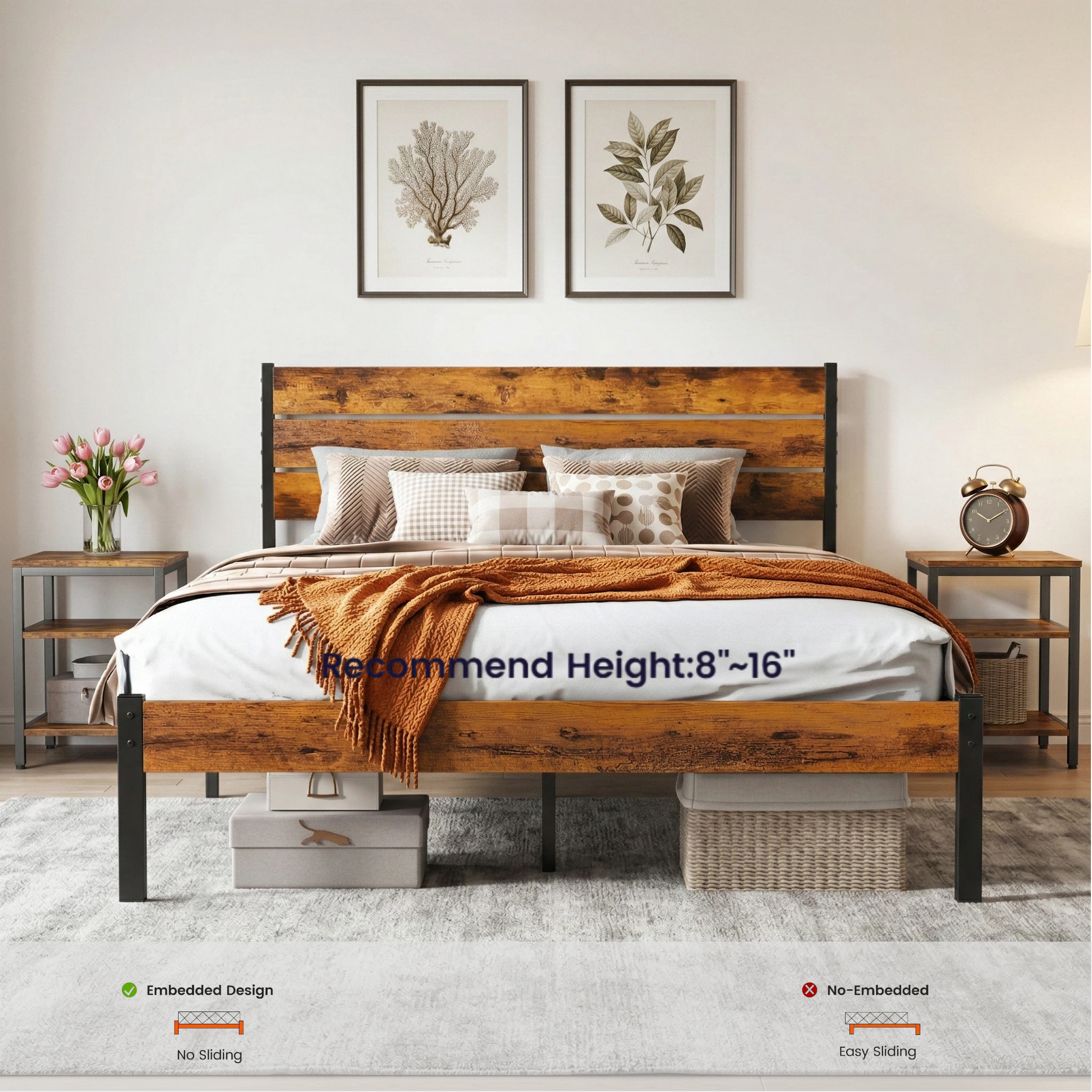 LIFERECORD Queen Size Bed Frame with Headboard, 800LBS Heavy Duty Metal Support, 12.8" Under Bed Storage, No Box Spring Needed, Easy Assembly, Noise Free, Rust Brown