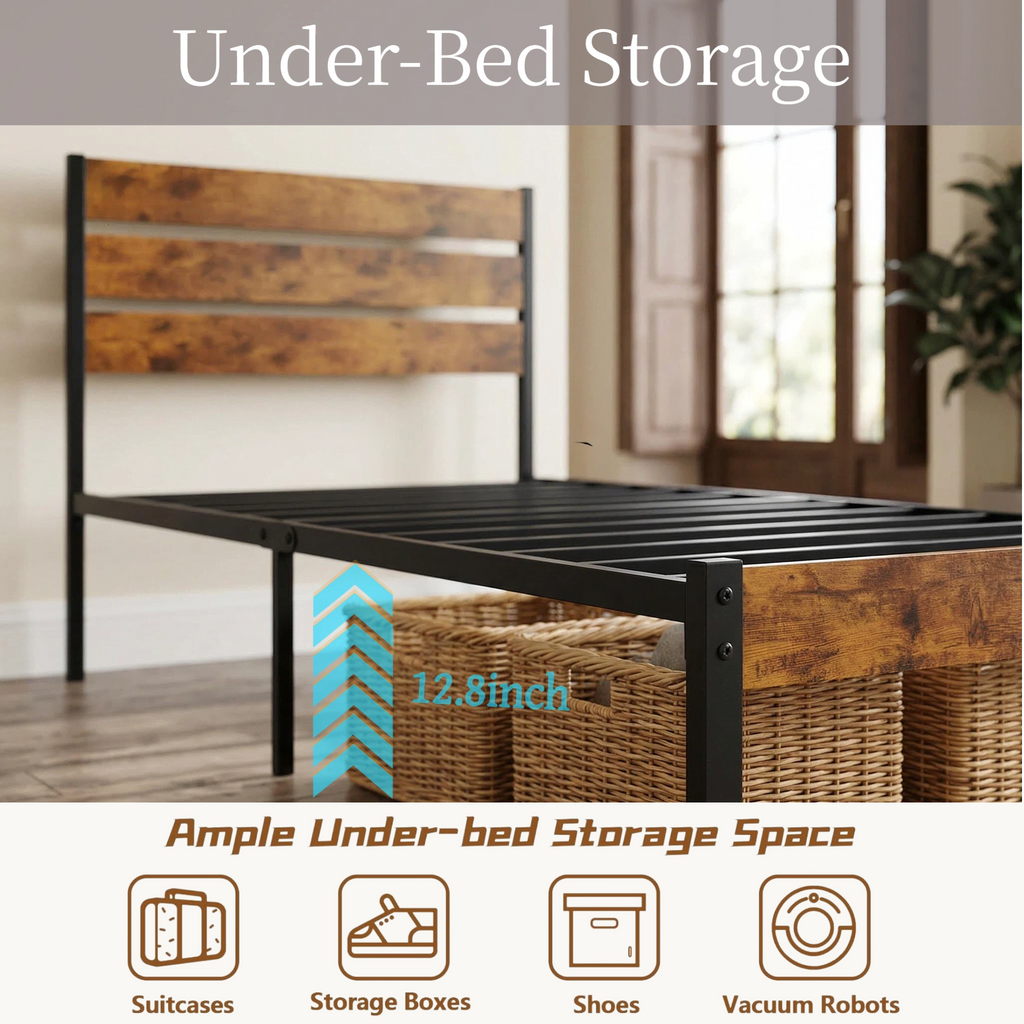 LIFERECORD Twin Size Bed Frame with Headboard, 800LBS Heavy Duty Metal Support, 12.8" Under Bed Storage, No Box Spring Needed, Easy Assembly, Noise Free, Rust Brown
