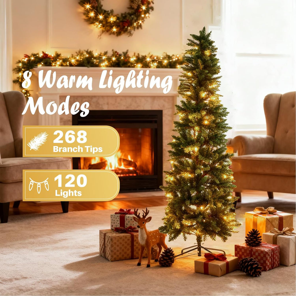 LIFERECORD 4.5ft Prelit Artificial Hinged Slim Pencil Christmas Tree with 120 Lights, 280 Full Branch Tips, 8 Warm Lingting Motes Perfect Decoration for Xmas Holiday, Green