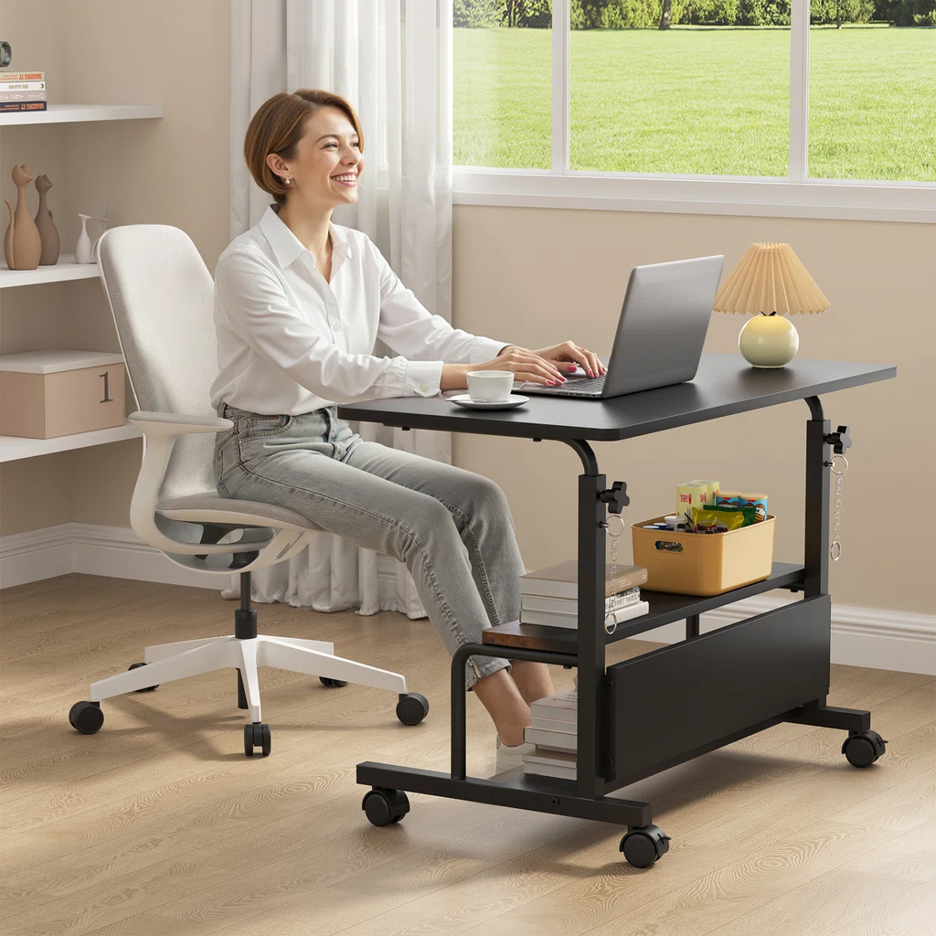 LIFERECORD Adjustable Height Standing Desk 31.5", Portable Rolling Desk on Wheels, Mobile Computer Desk with Lockable Wheels & 2-Tier Storage for Small Spaces Home Office