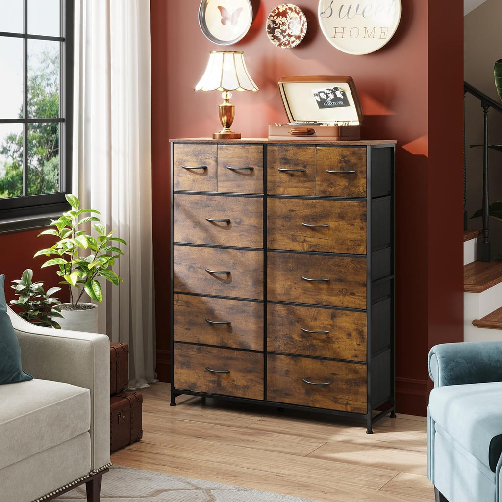 ACCVER Dresser for Bedroom 12 Storage drawer, Fabric Closet Chests Organizer Tower with Wooden Top Metal Frame for Living Room Hallway Entryway
