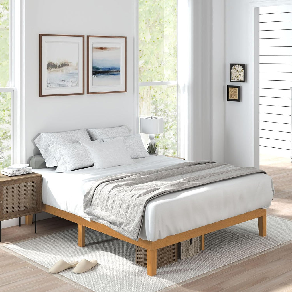 ACCVER Solid Wood Queen Size Bed Frame - 12in Natural Pine Platform Base with Wood Slats, Noise-Free & No Box Spring Needed, Natural Finish, Easy Assembly