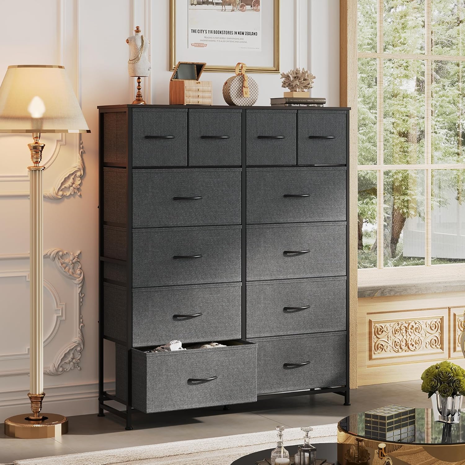 ACCVER Dresser for Bedroom 12 Storage drawer, Fabric Closet Chests Organizer Tower with Wooden Top Metal Frame for Living Room Hallway Entryway