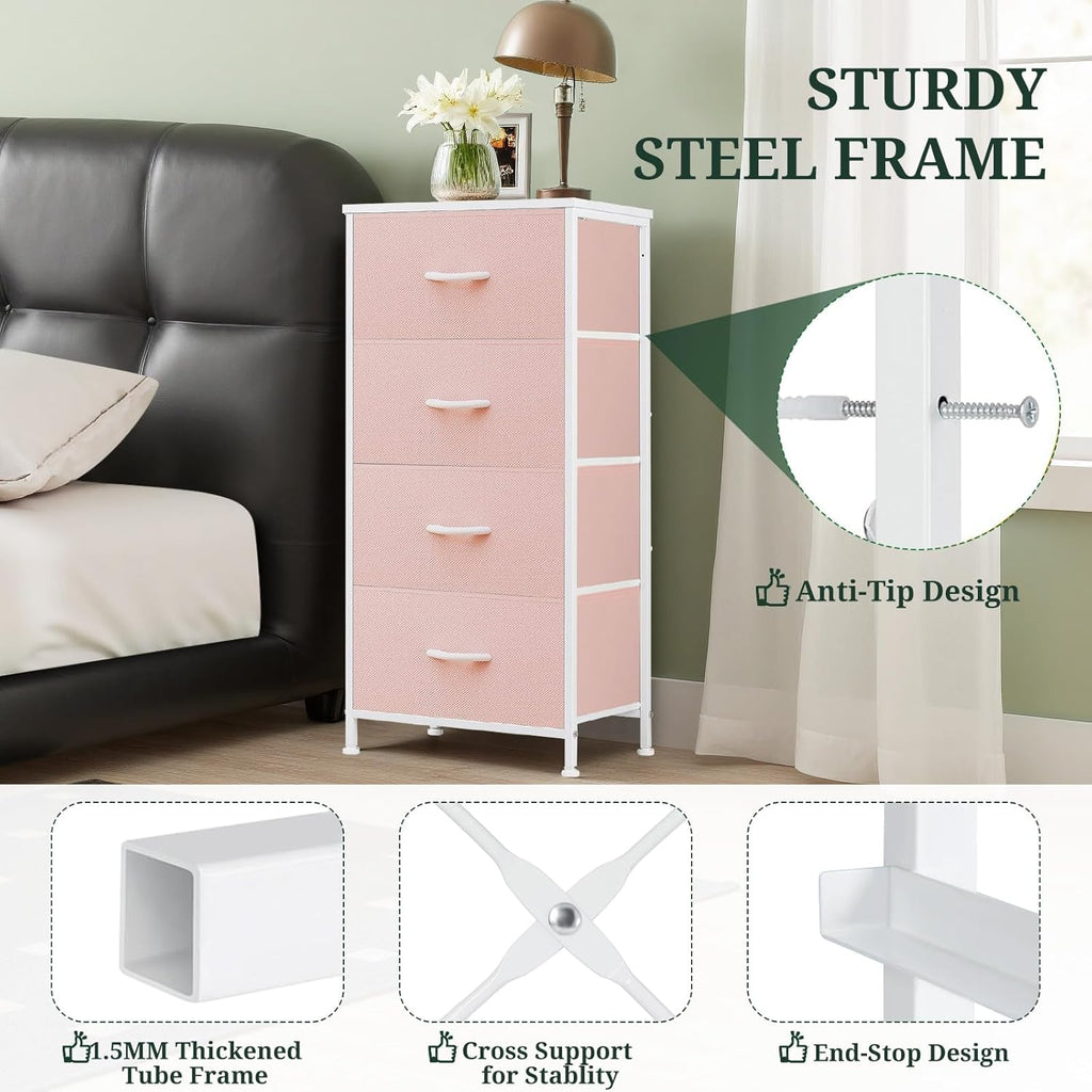 ACCVER Dresser for Bedroom 4 Storage drawer, Fabric Closet Chests Organizer Tower with Wooden Top Metal Frame for Living Room Hallway Entryway, Pink