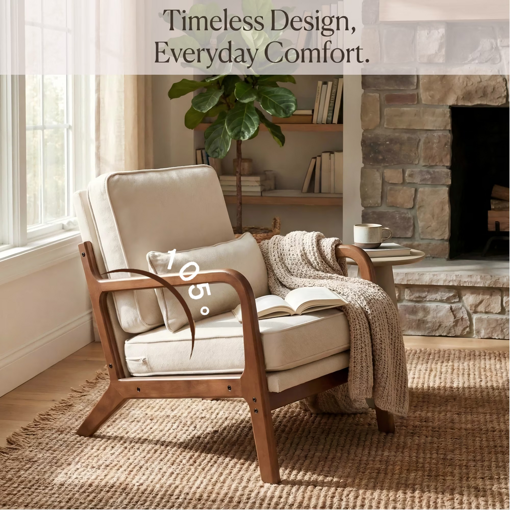 LIFERECORD Mid Century Modern Accent Chair, Reading Chair with Arms and Lumbar Cushion, Comfortable Lounge Chair for Living Room Bedroom, Solid Rubberwood Frame