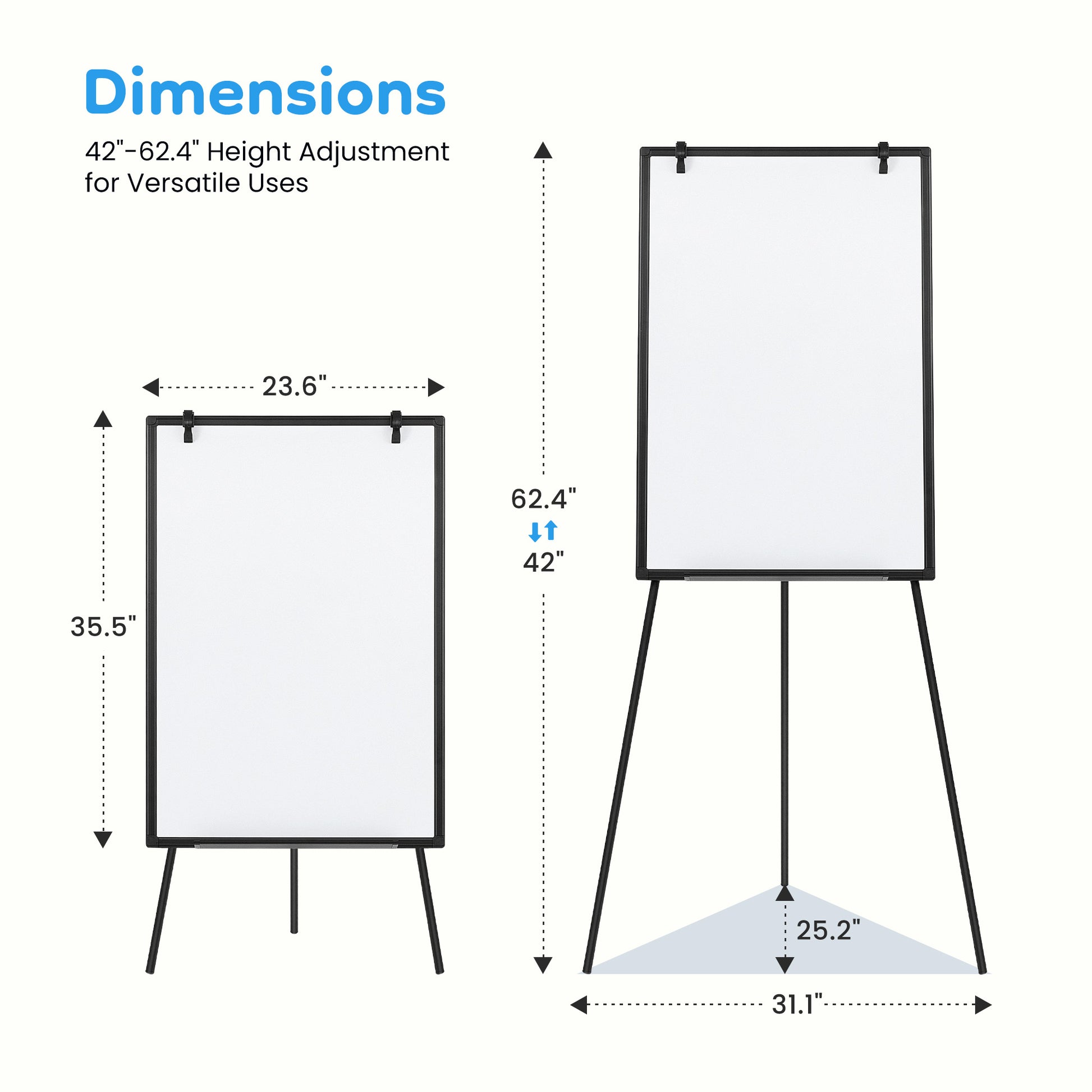 ROSVOVO 36x24 Inch Magnetic Whiteboard Easel with Tripod Stand - Height Adjustable Portable Dry Erase Board Kit for Classroom, Office & Home, Black