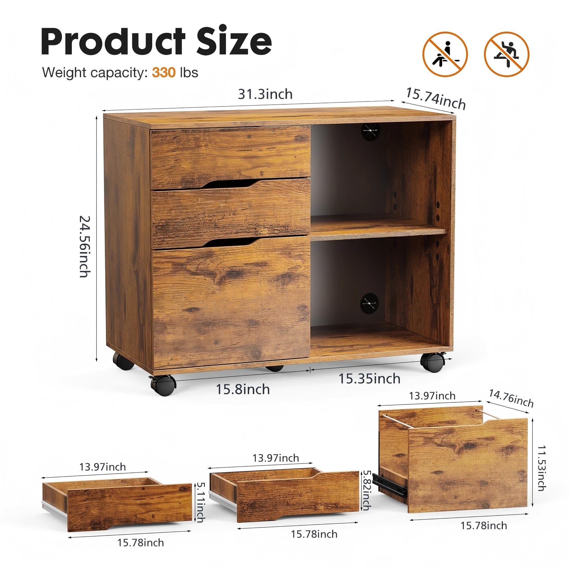 LIFERECORD 3-Drawer Lateral File Cabinet with Wheels, Mobile Rolling File Cabinet with Adjustable Shelf, Printer Stand for Home Office, Under Desk Storage Organizer, Wood Filing Cabinet Rustic Brown