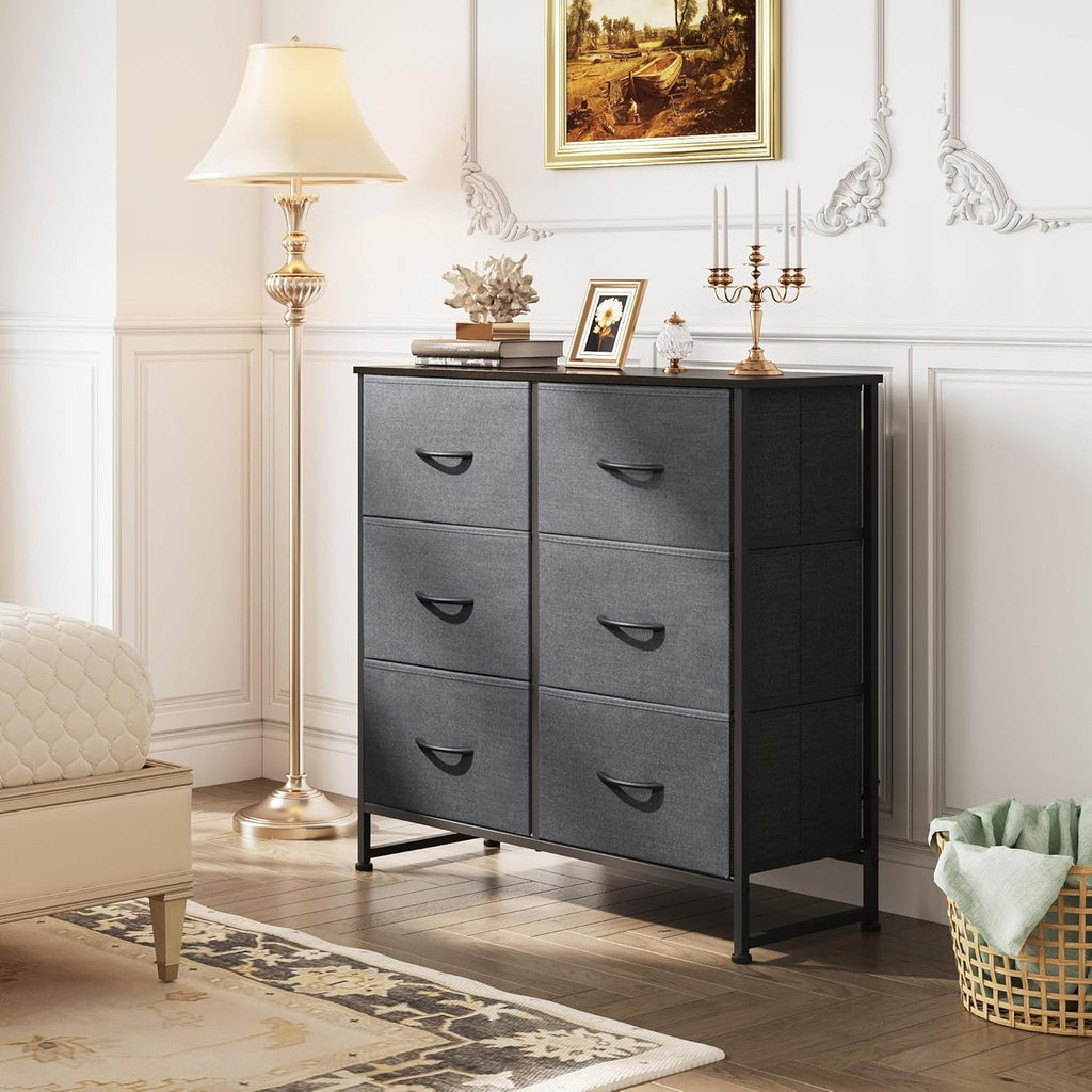 ACCVER Dresser for Bedroom 6 Storage drawer, Fabric Closet Chests Organizer Tower with Wooden Top Metal Frame for Living Room Hallway Entryway