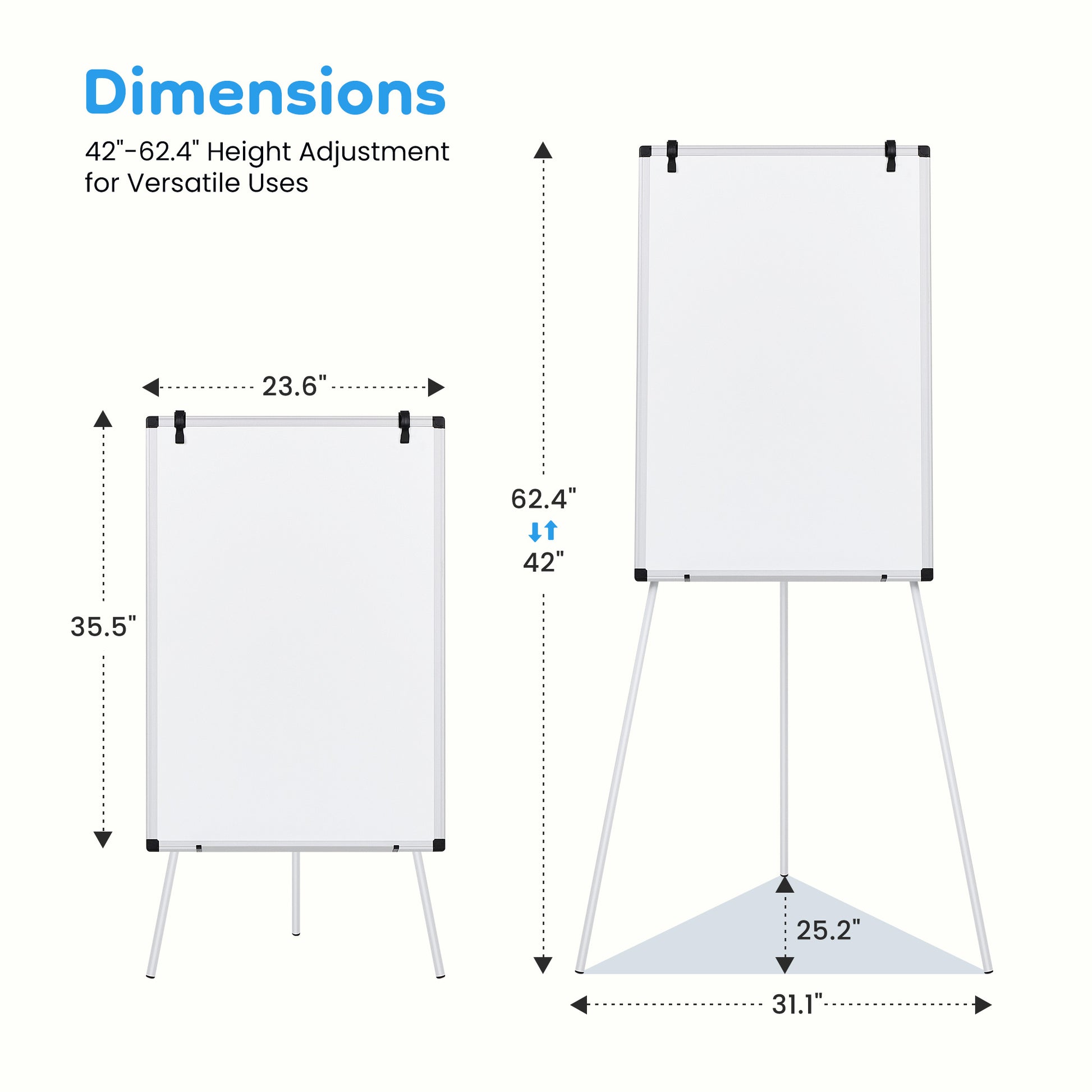 ROSVOVO 36x24 Inch Magnetic Whiteboard Easel with Tripod Stand - Height Adjustable Portable Dry Erase Board Kit for Classroom, Office & Home, White