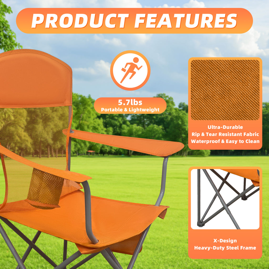LIFERECORD Portable Camping Chair with Cup Holder & Side Pocket, Lightweight Folding Outdoor Chair for Beach, Fishing, Picnic, Heavy Duty 300LBS Capacity, Orange