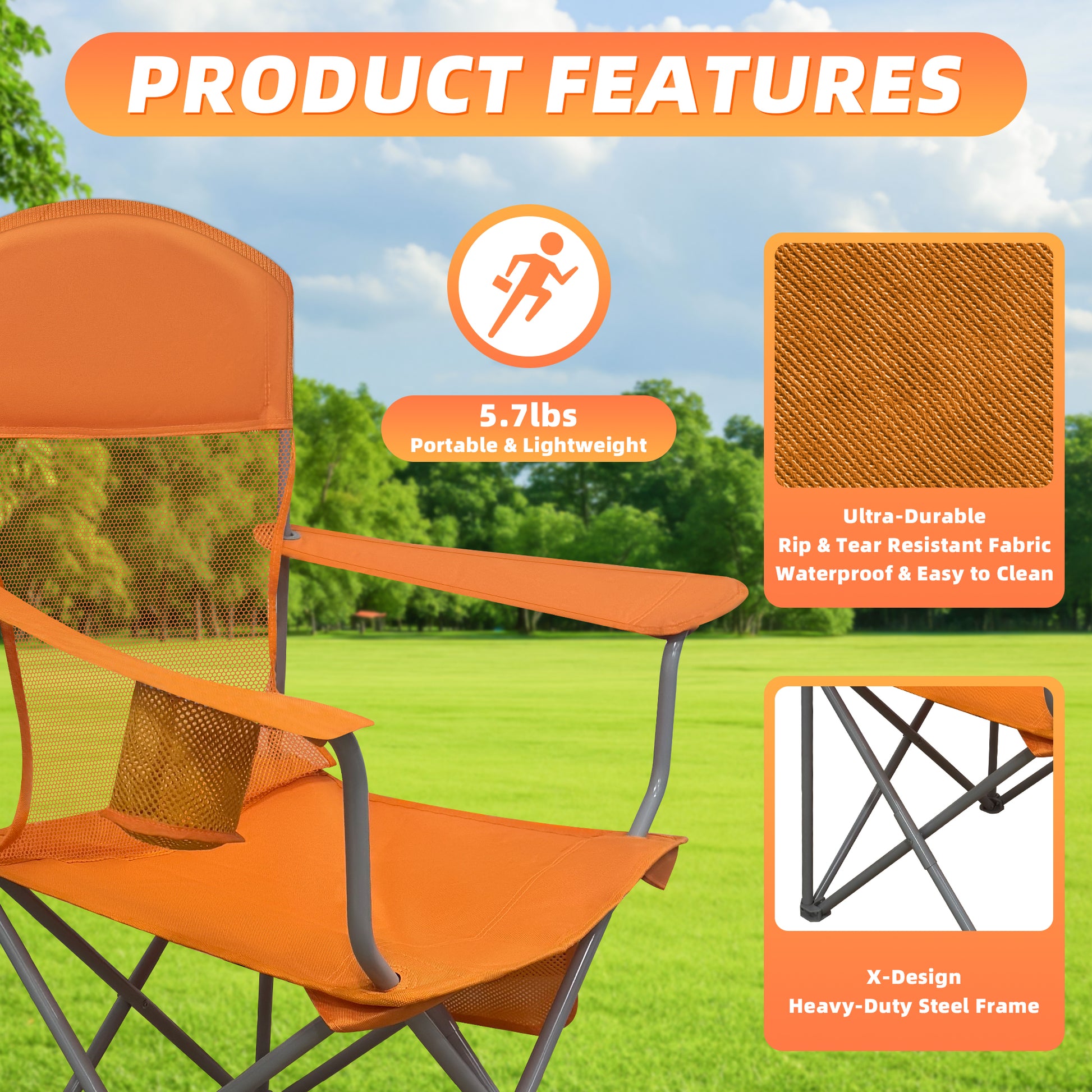 LIFERECORD Portable Camping Chair with Cup Holder & Side Pocket, Lightweight Folding Outdoor Chair for Beach, Fishing, Picnic, Heavy Duty 300LBS Capacity, Orange