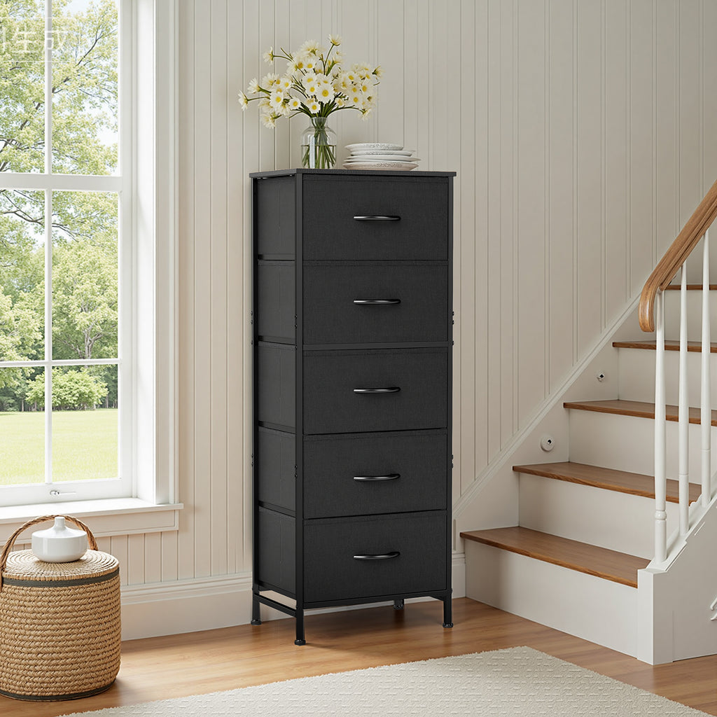 ACCVER Dresser for Bedroom 5 Storage drawer, Fabric Closet Chests Organizer Tower with Wooden Top Metal Frame for Living Room Hallway Entryway, Black
