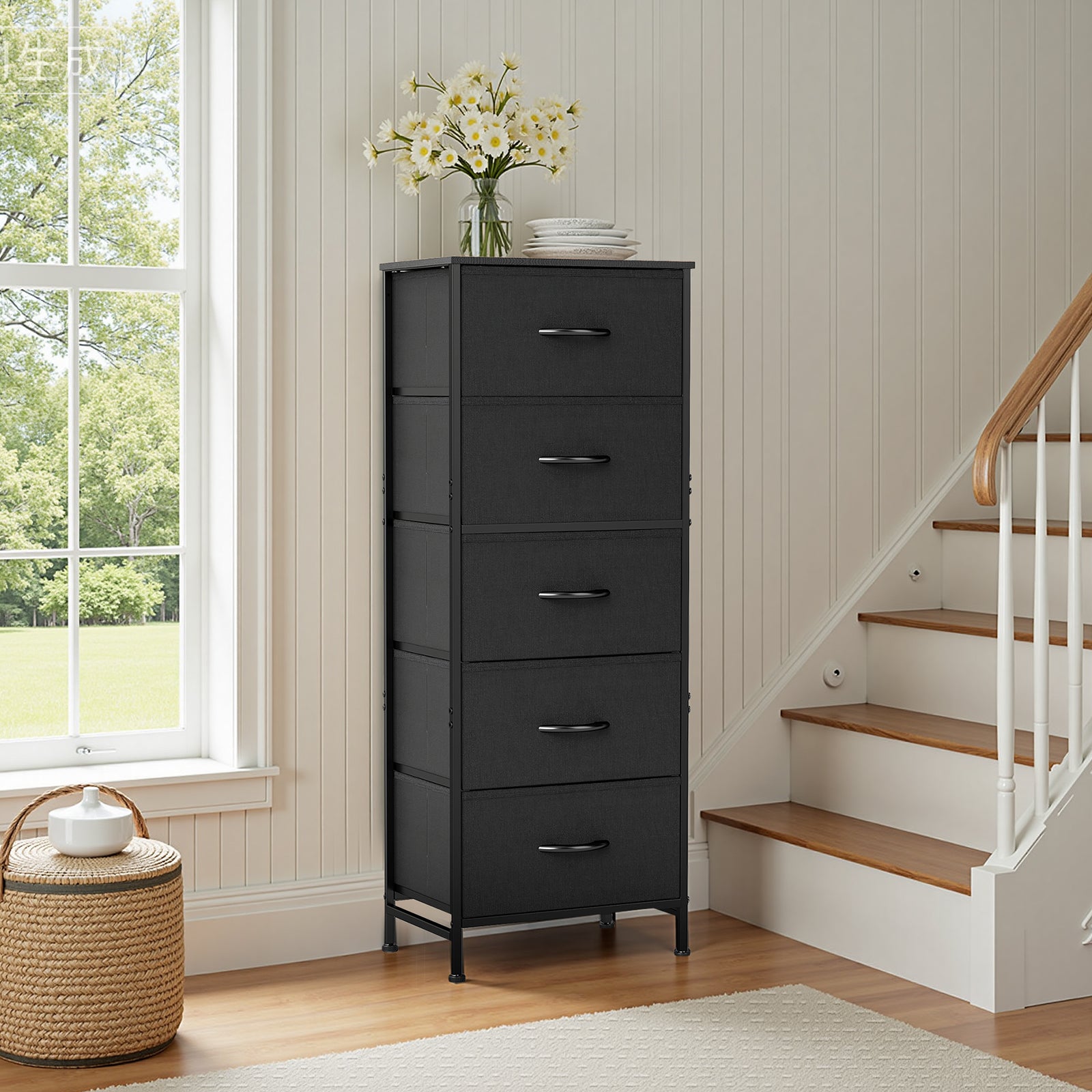 ACCVER Dresser for Bedroom 5 Storage drawer, Fabric Closet Chests Organizer Tower with Wooden Top Metal Frame for Living Room Hallway Entryway, Black