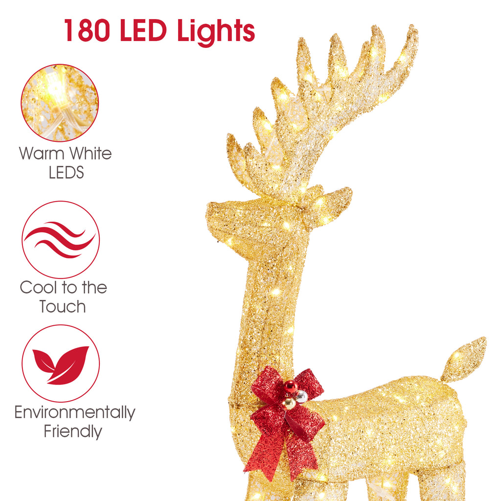 LIFERECORD 4 FT Christmas Lighted Reindeer & Santa's Sleigh, Indoor/Outdoor Xmas Pre-Lit Yard Decoration with 180 LED Lights, Stakes & Zip Ties, Festive Holiday Decoration for Lawn & Garden, Gold