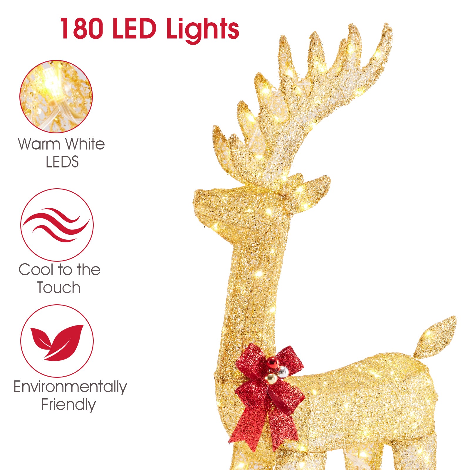 LIFERECORD 4 FT Christmas Lighted Reindeer & Santa's Sleigh, Indoor/Outdoor Xmas Pre-Lit Yard Decoration with 180 LED Lights, Stakes & Zip Ties, Festive Holiday Decoration for Lawn & Garden, Gold