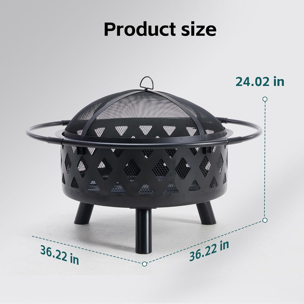 LIFERECORD Circular Steel Fire Pit with Spark Screen - Wood Burning Outdoor Fire Pit with Decorative Cut-Out Design for Patio & Backyard, 36 Inch