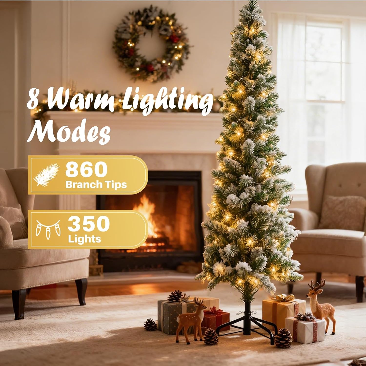 LIFERECORD 7.5ft Prelit Artificial Hinged Slim Pencil Christmas Tree with 350 Lights, 860 Full Branch Tips, 8 Warm Lingting Motes Perfect Decoration for Xmas Holiday, White