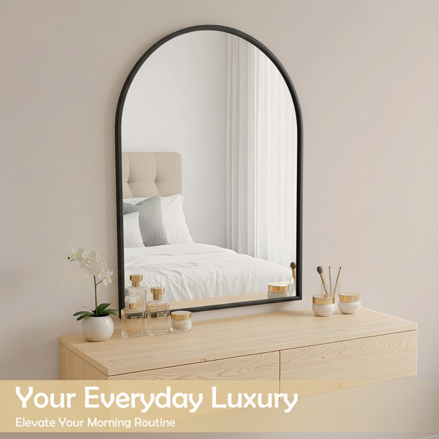 LIFERECORD 20"x30" Metal Frame Arched Bathroom Mirror, Black