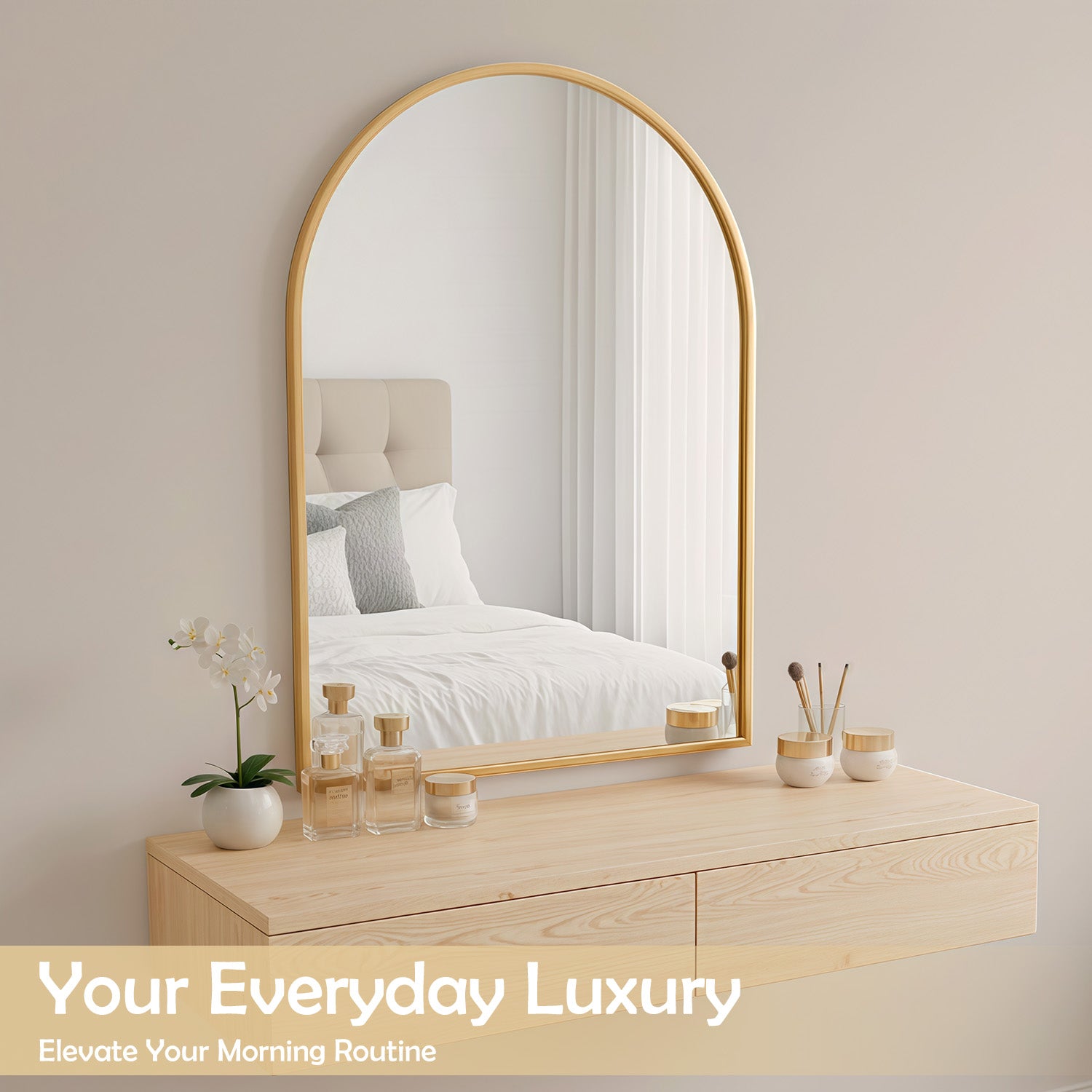 LIFERECORD 20"x30" Metal Frame Arched Bathroom Mirror, Gold