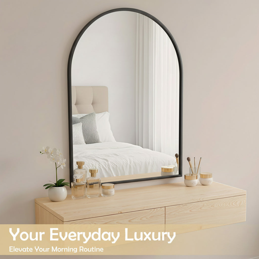 LIFERECORD 24" x 36" Metal Frame Arched Bathroom Mirror, Black