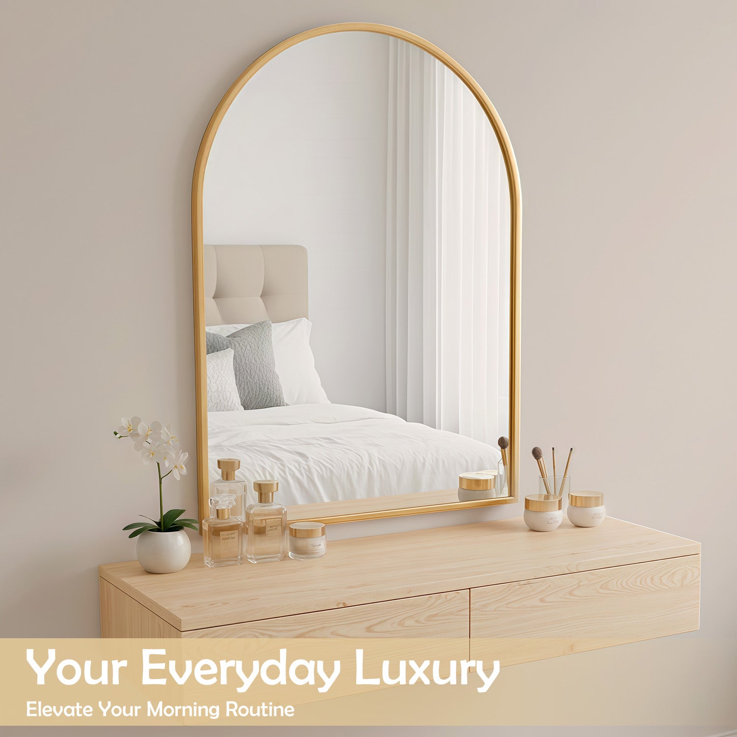 LIFERECORD 24" x 36" Metal Frame Arched Bathroom Mirror, Gold