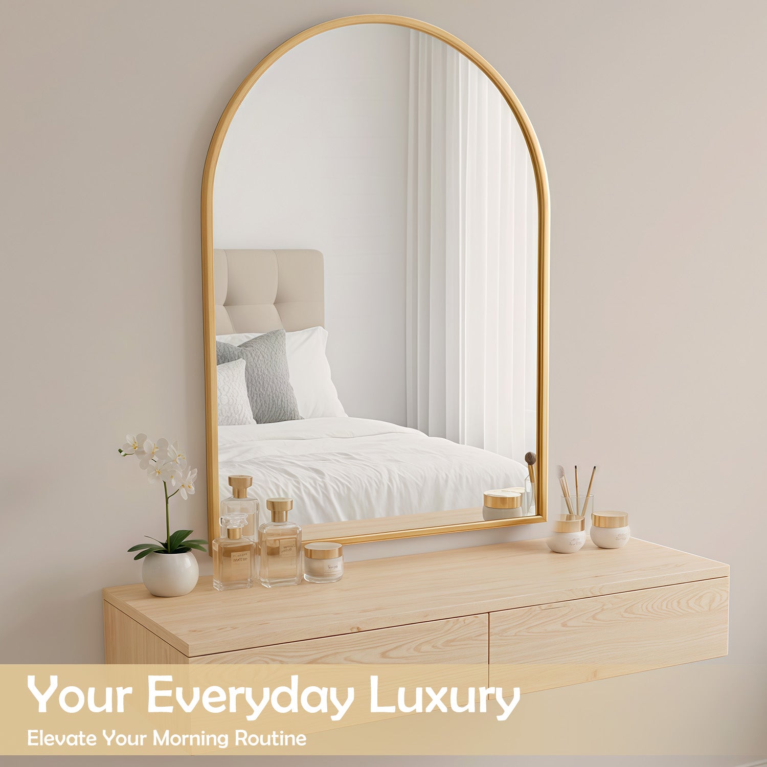 LIFERECORD 26" x 38" Metal Frame Arched Bathroom Mirror, Gold
